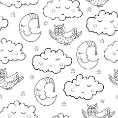 Seamless childish pattern with cartoon owl, fluffy cloud with fa