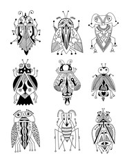 black and white handmade liner drawing of ethnic beetle in flat 