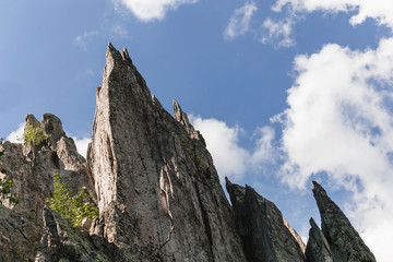 High peaked sharp rock on the south Ural, Taganay