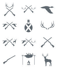 Obraz premium Hunting equipment and trophies icons set