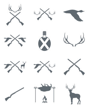 Hunting equipment and trophies icons set