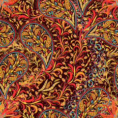Paisley vintage floral motif ethnic seamless background. Printable colors abstract lace pattern. Editable colors without losing seamlessly. Hand drawing motley wallpaper. EPS-8 vector buta texture