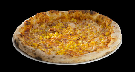 pizza with ham, cheese and corn