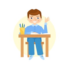 Schoolboy raising hand flat vector illustration.