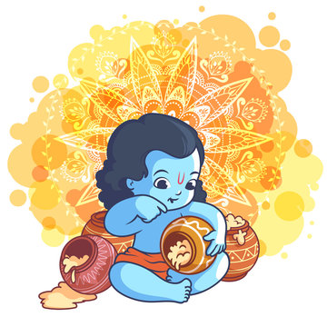 Little cartoon Krishna with a pot of makhan. Stock Vector | Adobe Stock