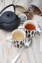two cups 1 black tea rooibos and other fennel with teapot in the