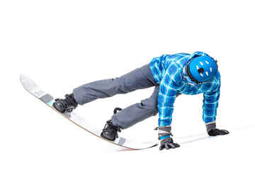 Fototapeta premium Portrait of young man in sportswear with snowboard isolated on a white background.
