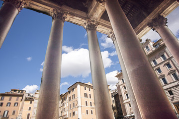 Piazza della Rotonda view from behind the columns of the Pantheon, outdoor shooting