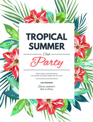 Bright hawaiian design with tropical plants and hibiscus flowers