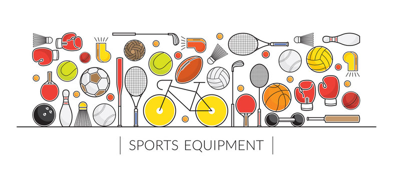 Sports Equipment, Line Icons Display Banner, Objects, Recreation and Leisure