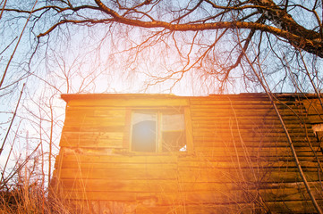 Old green abandoned hut.