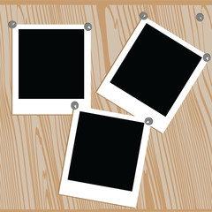 Bulletin Board wooden ,pictures pinned buttons. The exposure for sites and banners. Vector illustration