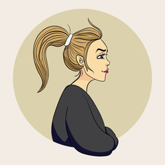 Profile of young beautiful woman with messy ponytail. Cartoon color vector illustration.
