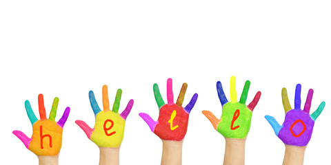 Word hello painted on hands. © Vitalinka