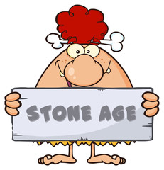 Funny Red Hair Cave Woman Cartoon Mascot Character Holding A Stone Sign With Text Stone Age