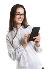 Joyful Beautiful young long-haired woman in glasses with an e-book. Human emotions, laughter, smile, joy.