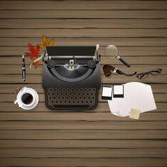 Top view of Hipster theme still life. Typewriter and other objects. Vector illustration.

