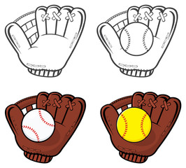 Cartoon Of Baseball Gloves With Ball. Illustration Isolated On White Background Collection Set