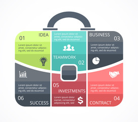 Vector briefcase infographic. Template for bag diagram, graph, presentation, round chart. Business professional portfolio with 6 options, parts, steps or processes. Travel and tourism concept.