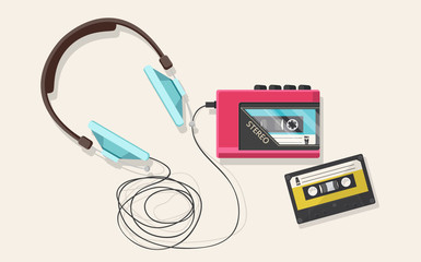 Headphones, player and retro compact cassette. Top view flat vector illustration.


