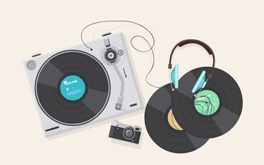 Flat illustration,Top view of retro vinyl player, turntable with headphones with retro camera.

