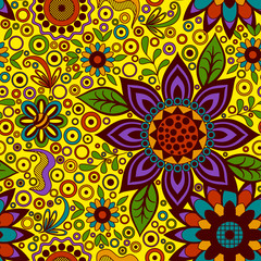 Abstract Seamless Background with Symbolical Colorful Patterns and Floral Ornaments. Vector