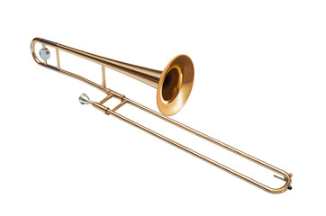 golden brass tenor trombone isolated on white background