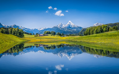 Fototapeta na wymiar Idyllic summer landscape with mountain lake and Alps