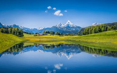 Fototapete Berge Idyllic summer landscape with mountain lake and Alps