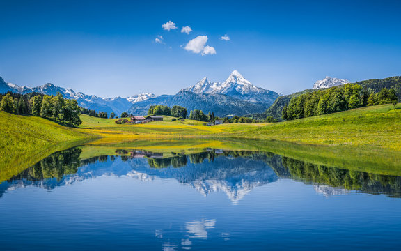 Fototapeta Idyllic summer landscape with mountain lake and Alps