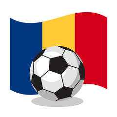 Obraz premium Football or soccer ball with Romanian flag on white background. World cup. Cartoon ball. Concept of championship, league, team sport. Game for kids and adults. Cheering and sport fans concept.
