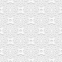 Seamless white geometric  pattern, east ornament, indian pattern, persian motif, white background, 3D, vector. Endless texture can be used for wallpaper, pattern fills, web page  background.