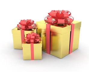 three gift boxes with bows isolated on white. 3d rendering.