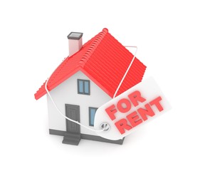 Miniature model of house real estate for rent label on white background. 3D rendering.