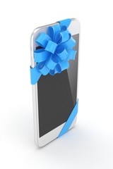 White phone with blue bow. 3D rendering.