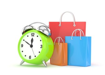 alarm clock and shopping bag (time to buy concept). 3d rendering.