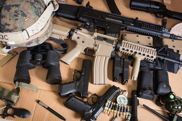 Assault rifle, gun, knife with sheath, compass