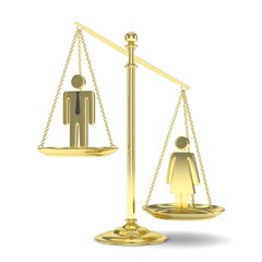 Isolated old fashioned golden pan scale with man and woman on white background. Gender inequality. Equality of sexes. Law issues. Silver model. 3D rendering.