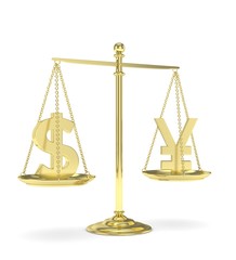 Isolated old fashioned pan scale with dollar and yuan,yen on white background. American and chinese and japanese currency. Currency equality. 3D rendering.