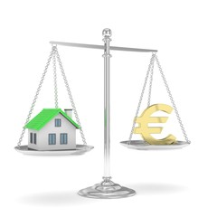 Isolated silver scales with golden euro and house on white background. Investment or savings concept. Real estate and currency. 3D rendering.