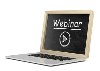  Laptop with chalkboard, video webinar, online education concept. 3d rendering.