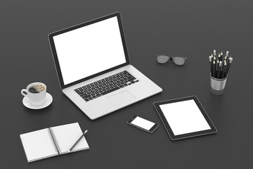 Responsive mockup screens. Laptop, tablet, phone on table. 3d rendering.