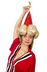 Woman wizard in red clothing isolated on white