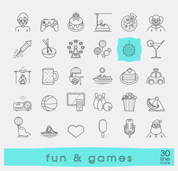 Set of premium quality line fun and games icons. Collection of vector icons for games, fun, leisure, sport, hobby, free time. Infographics elements collection. Web graphics.

