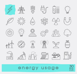 Set of line energy icons. Various energy sources. Various kinds of energies for use in industry and everyday life. Solar energy, bio alternative, fuel, electricity, nuclear, wind power, gas.