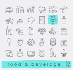 Collection of food and beverage icons. Set of flat line food stuffs. Vector illustration.