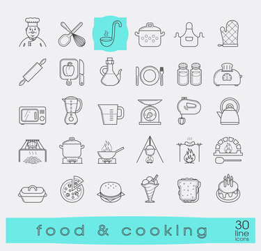 Set of premium quality food and cooking icons. Cooking and preparing meals. Various kitchen items. Vector illustration.