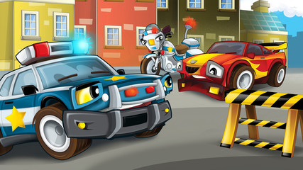 Fototapeta na wymiar Cartoon scene of police pursuit - car caught - illustration for children