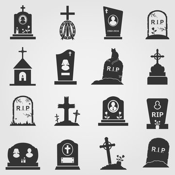 Cemetery crosses and gravestones icons 