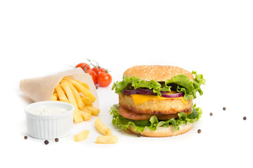 Delicious hamburger and french fries